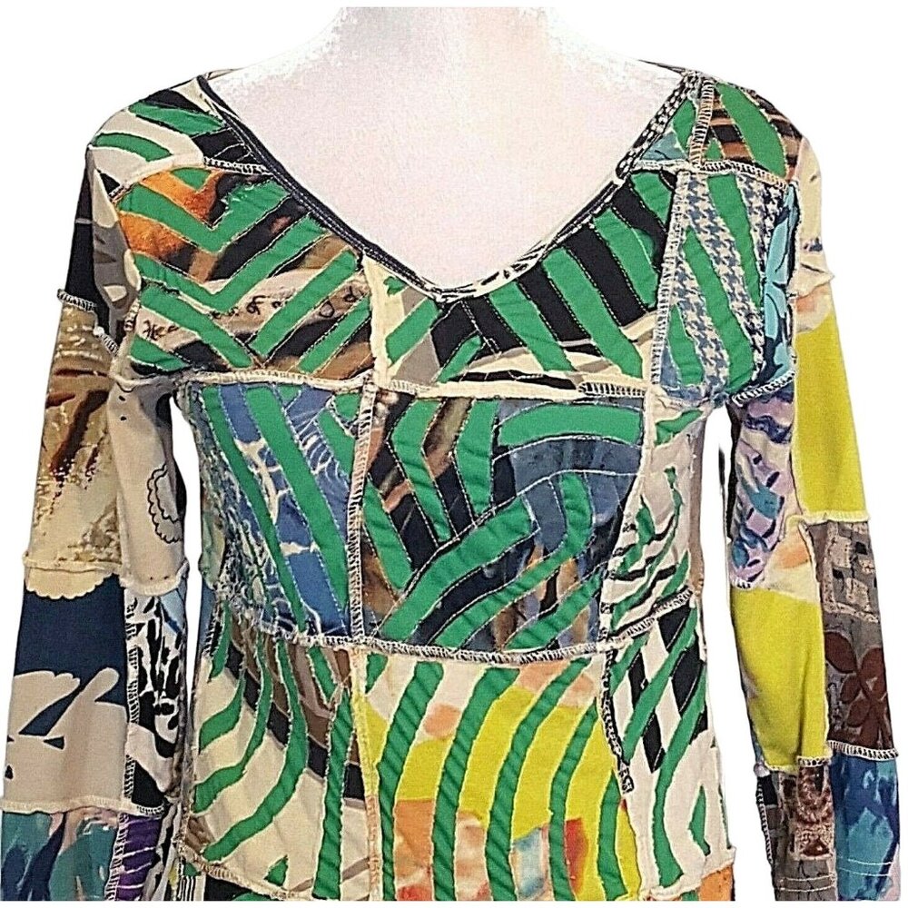Festive‎ Patchwork Dress S 3/4 Sleeve Short Green Cotton Fairy Tropical Coastal